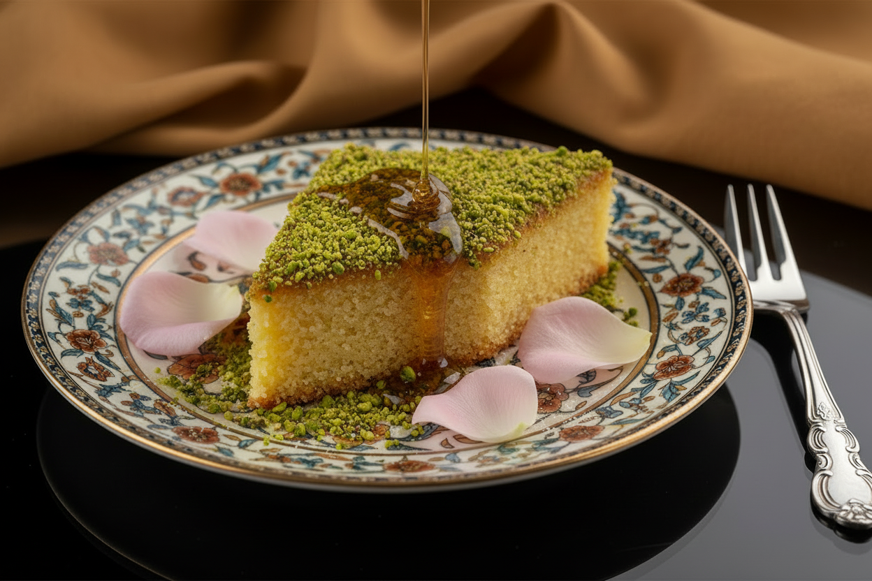 Homemade Basbousa with Crushed Pistachios